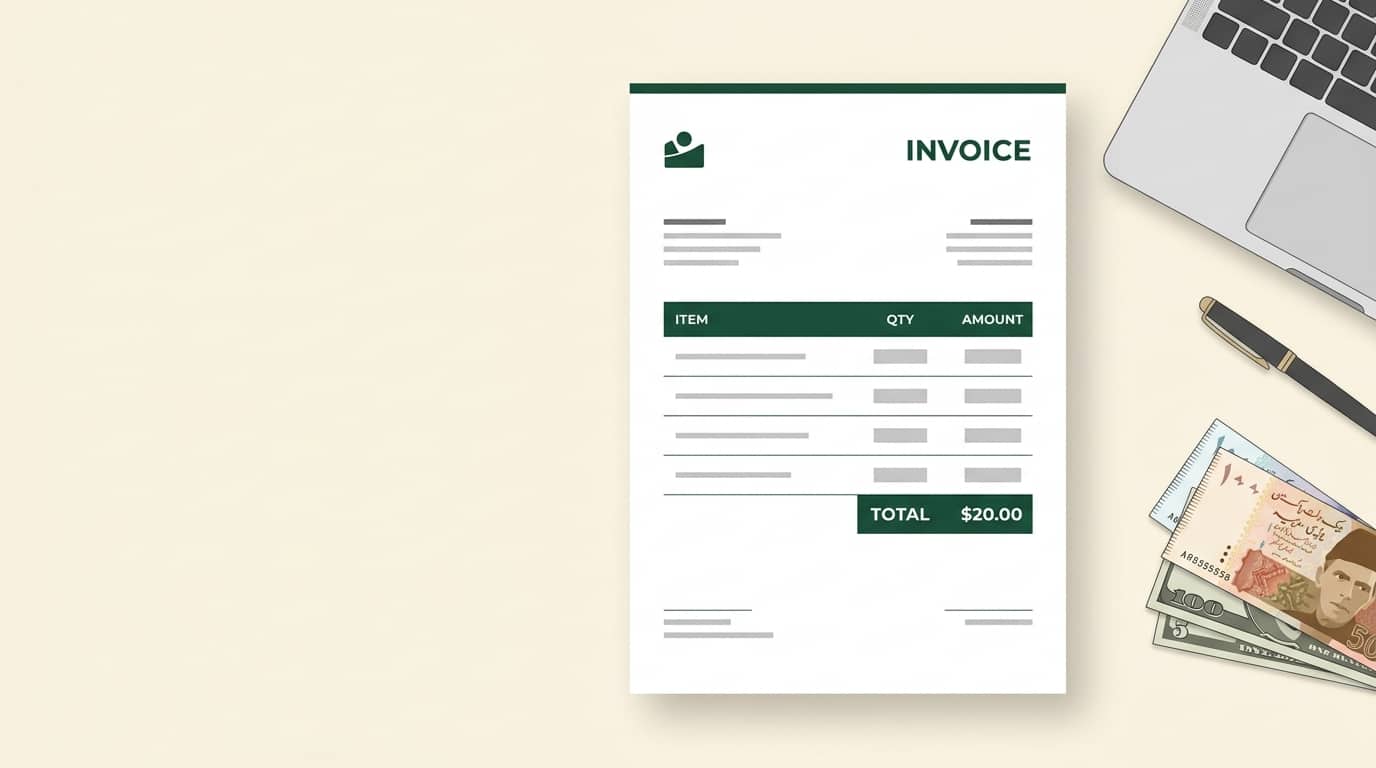 freelancer in Pakistan preparing an invoice using a laptop, how to make an invoice for freelancers in Pakistan